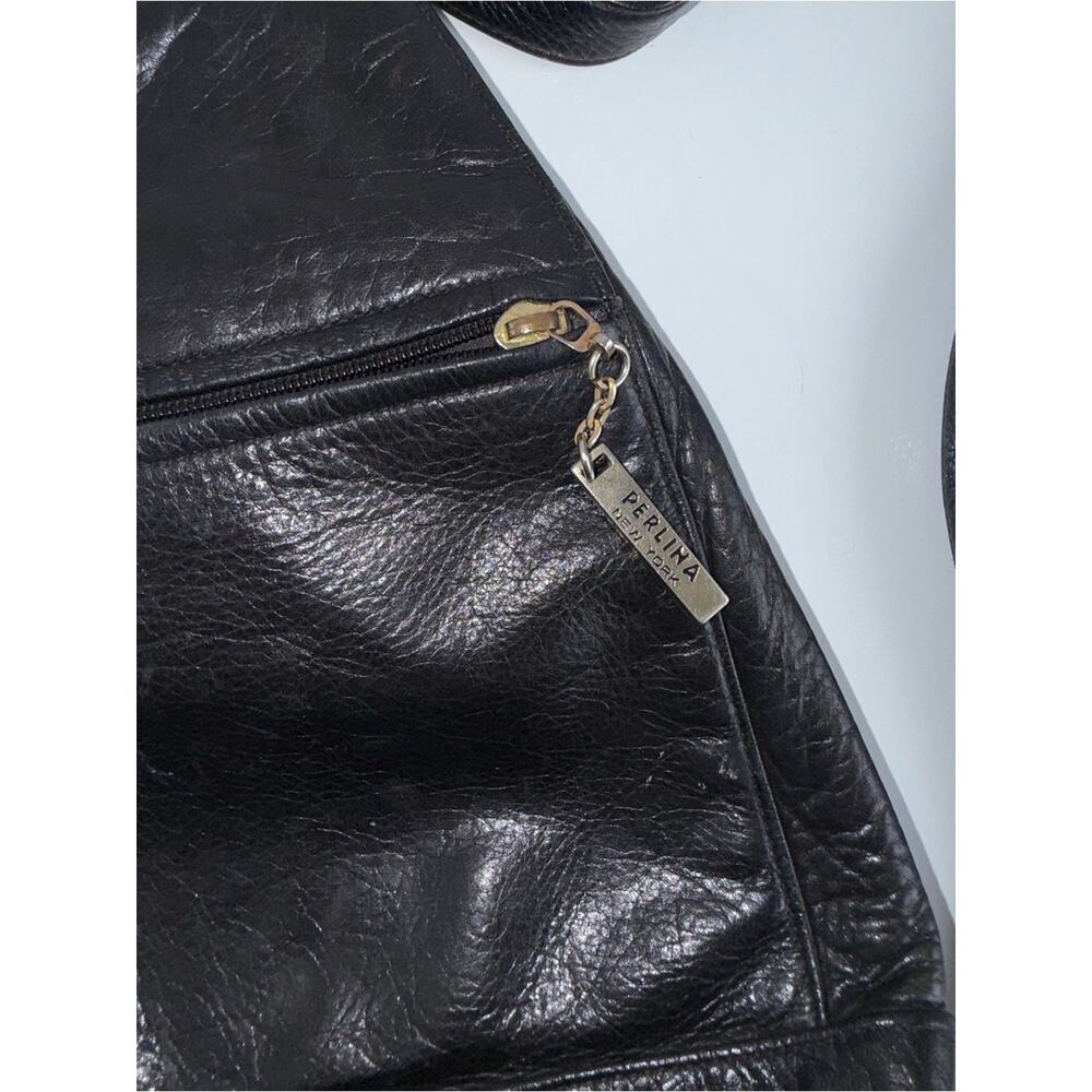 VINTAGE PERLINA black leather triangular sling mini backpack w gold haedwear - Picture 2 of 6